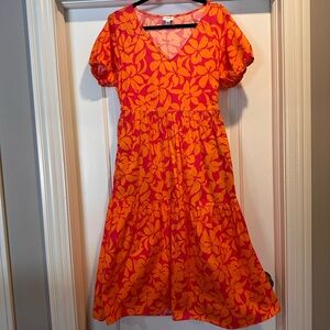 J. Crew Orange/Pink Floral Tiered Midi Dress Puff Sleeves V-Neck Pockets Size 6